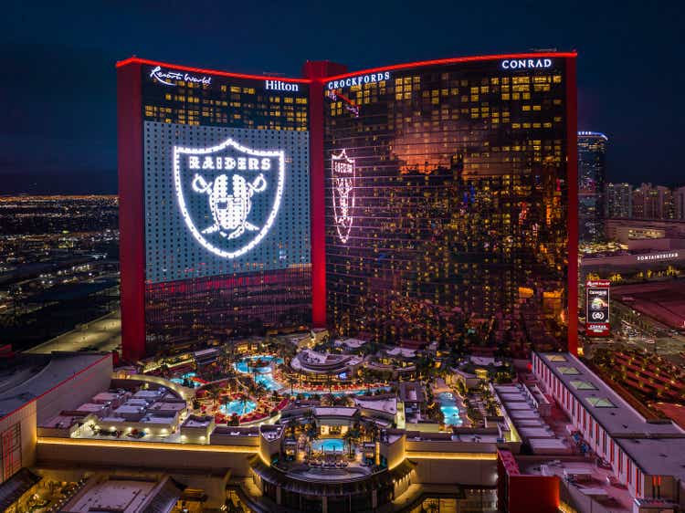 Aerial view of Resorts World Hotel with Las Vegas Raiders Logo