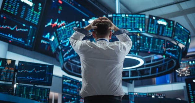 Saddened Businessman Puts His Hands Over His Head, Soaking a Financial Loss on a Deal. Stock Exchange Manager in White Shirt is Depressed After Investment Day. Broker Angry About Economy News