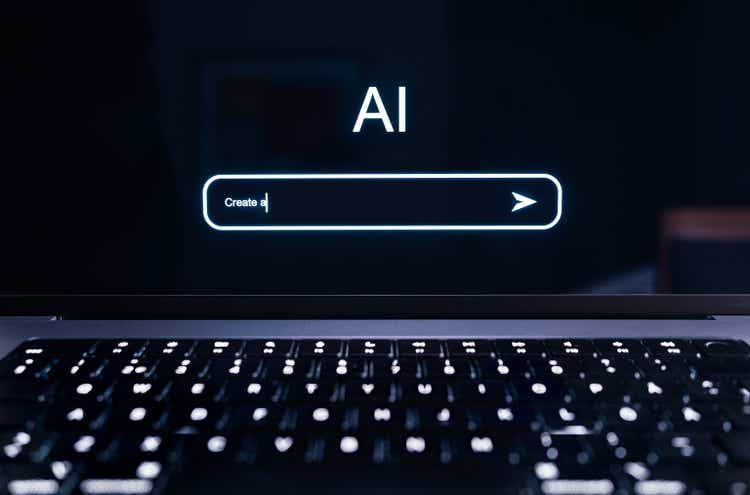 AI prompt in chat screen. Artificial intelligence in generative chatbot. Command to generate text or image with new tech. Digital robot technology in computer.