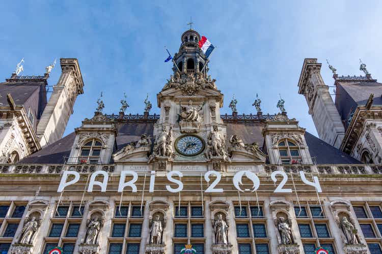 Detail of the facade of the town hall of Paris, France, decorated for the Olympic and Paralympic Games