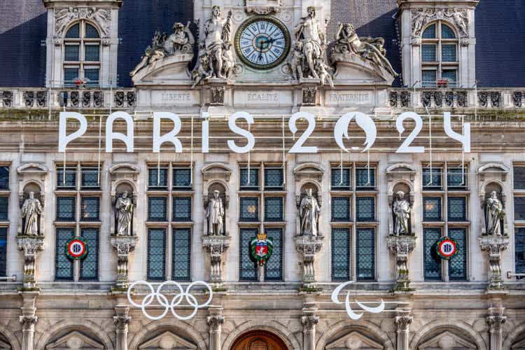 Detail of the facade of the town hall of Paris, France, decorated for the Olympic and Paralympic Games