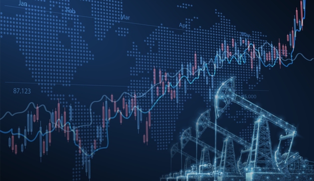 Digital screen showcasing financial chart graphs and oil pumps field.
