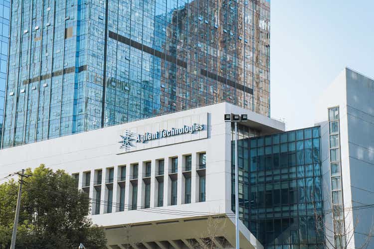 Agilent Technologies company logo on office building.