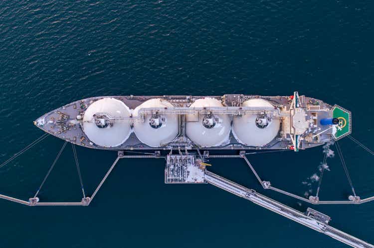 Aerial top-down view of LNG carrier anchored at small natural gas terminal. Fuel crisis.sanctions