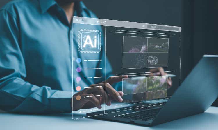 AI image creation technology. Man use AI software on a laptop to generate images, showcasing a futuristic user interface. screen with visual prompt. Image generated by artificial intelligence. photo,