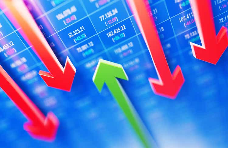 Global Stock Market Concept - Red And Green Arrows Moving In Opposite Directions Over Stock Market Data