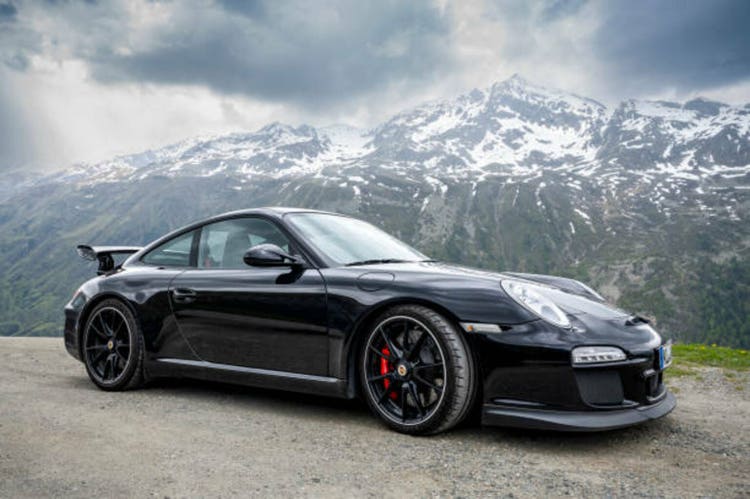 Porsche 911 GT3 sports car in the Alps