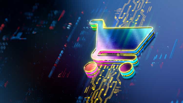 Glowing cart icon on digital background. Online shopping evolution. Futuristic shopping cart icon in world of technological progress and innovation. CGI 3D render