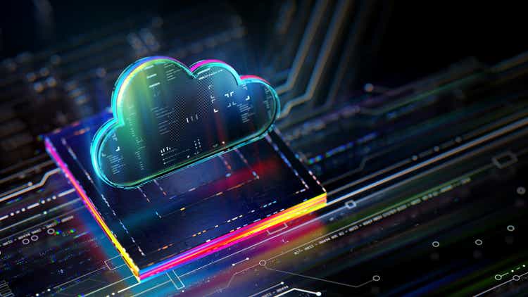 Cloud computing concept.  Digital cloud CPU on motherboard.  Evolution of productivity.  Futuristic cloud icon in the world of technological progress and innovation.  3D CGI rendering