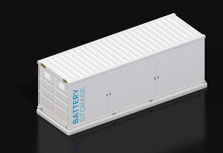 Isometric view of Containerized Battery Energy Storage System isolated on black background