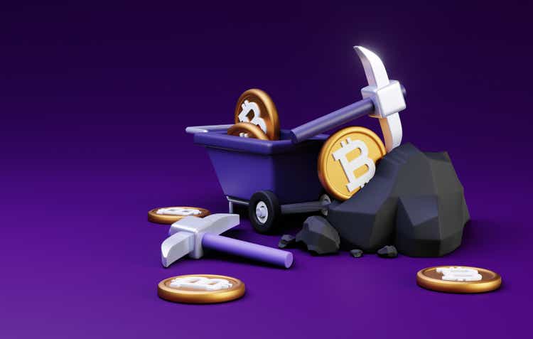 Cryptocurrency mining icon minecart, pickaxe, and bitcoin coins 3D render.