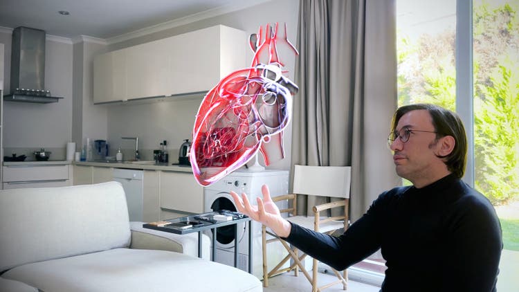 Doctor Examining Hologram Heart in Home with Artificial Intelligence