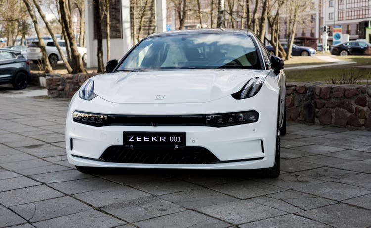 Front view white sports car Zeekr 001