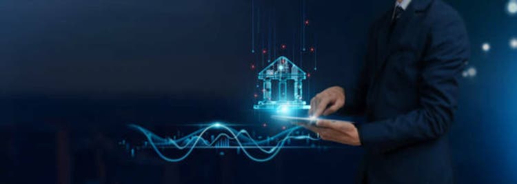 Online Banking: Embracing the Digital Concept, Businessman Uses Tablet on Advanced Global Networking, Financial Transactions, Security Measures, Innovating to Develop Smart Solutions from Digital Technology.