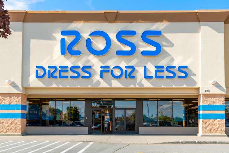 General view of the entrance and facade of a Ross Dress For Less, an American chain of discount department stores, in Coeur d"Alene, Idaho, USA