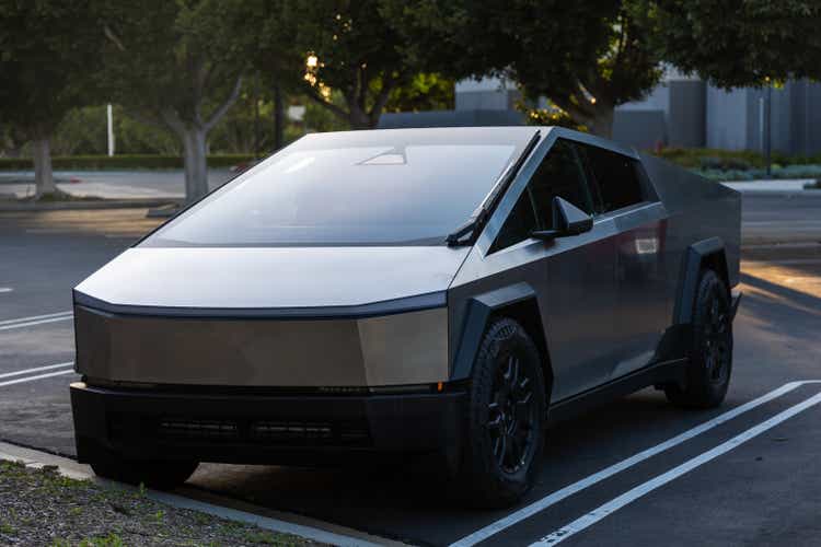 A Tesla Cybertruck in a parking spot in Irvine, California