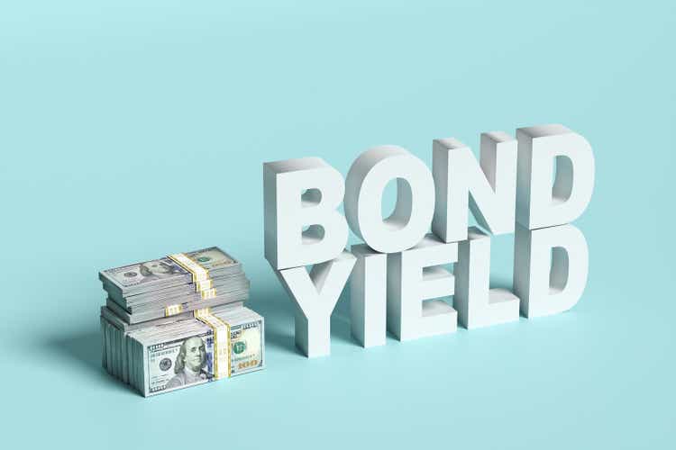 Bond yield with dollar banknotes. Business and financial management.