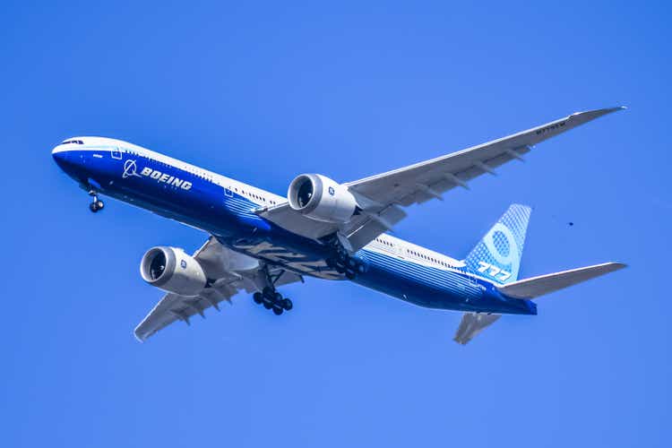 Boeing 777X test flight in February of 2020 in the skies over Spokane, Washington USA.