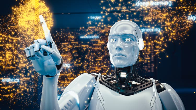 3D Render of Artificial Intelligence Robot Working on Deep Machine Learning. Futuristic Advanced Humanoid Virtual Generative AI Assistant using Cloud Computing Service Solutions and Big Data