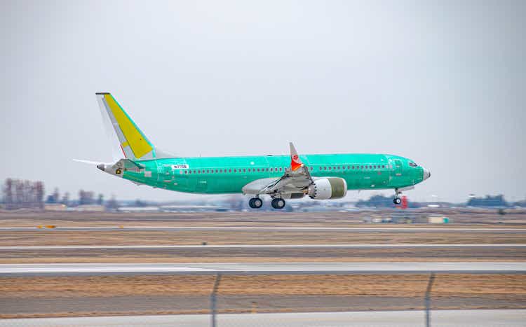 Primer green Boeing 737 MAX 8 aircraft about to land at Spokane International Airport, USA.