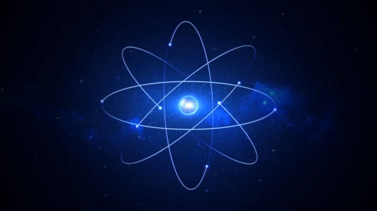 Animation of a 3d model of a blue neon atom on the starry sky. Molecules of luminous particles rotate around the beam of a light ellipse. Physics chemistry abstract dark background. Blue neon sphere. 8k wallpaper 4k screensaver.