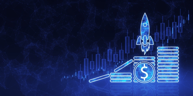 Abstract growing spaceship boost trading hologram with digital dollar coins on blurry blue background with mock up place. Trade, startup and revenue concept. 3D Rendering.