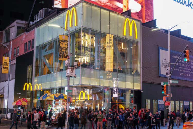 McDonald"s in Times Square with a crowd of people in Manhattan in New York City
