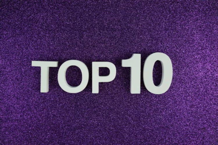 Top 10 alphabet letters top view on purple glitter background