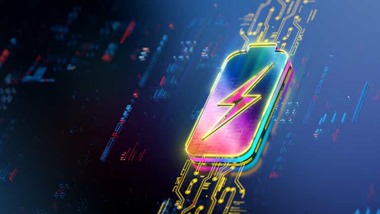 Battery icon futuristic background. Innovations and efficiency of power supply evolution. Futuristic battery icon in world of technological progress concept. CGI 3D render