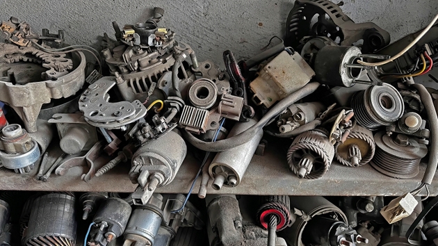 Waste spare parts from a car repair shop.