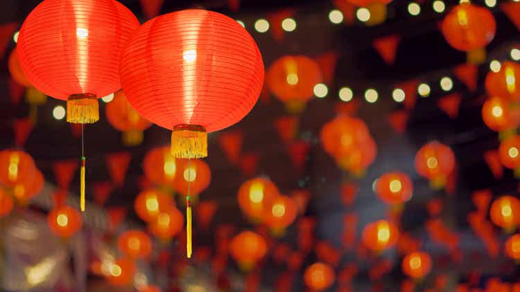 The red lanterns decorated in chinese new year festival at chinatown area.