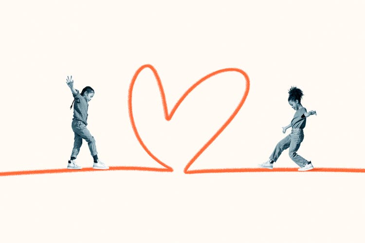 Girls balancing on orange heart scribble