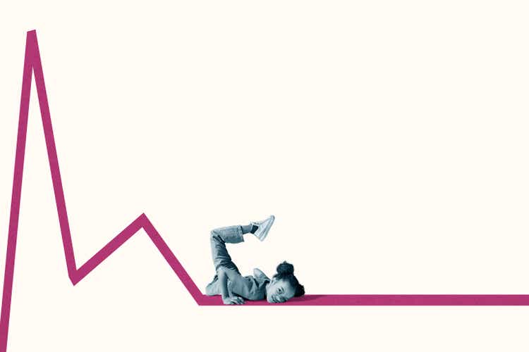 Girl lying on magenta graph line