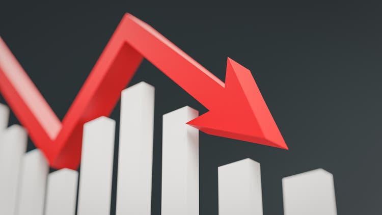 A concept where a red arrow moves across a graph and then falls. 3d visualization.
