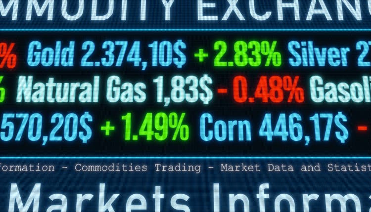 Gold, natural gas and corn, commodity trading board.