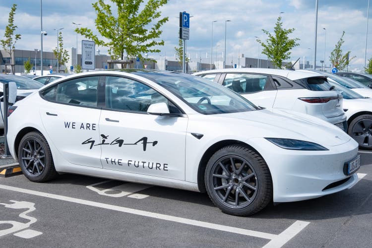 White Tesla Model y in Tesla-Supercharger v4 Gigafactory Berlin-Brandenburg Lounge, alternative energy development, Automotive industry, Berlin, Germany - April 26, 2024