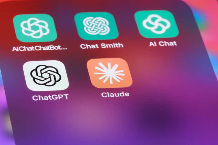 OpenAI ChatGPT and Anthropic Claude mobile APP icons on screen. Assorted AI chatbots