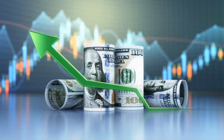 Rotating 100 Dollar Bill Dollar and Green Arrow Sign Finance Chart, Uptrend, Depth Of Field