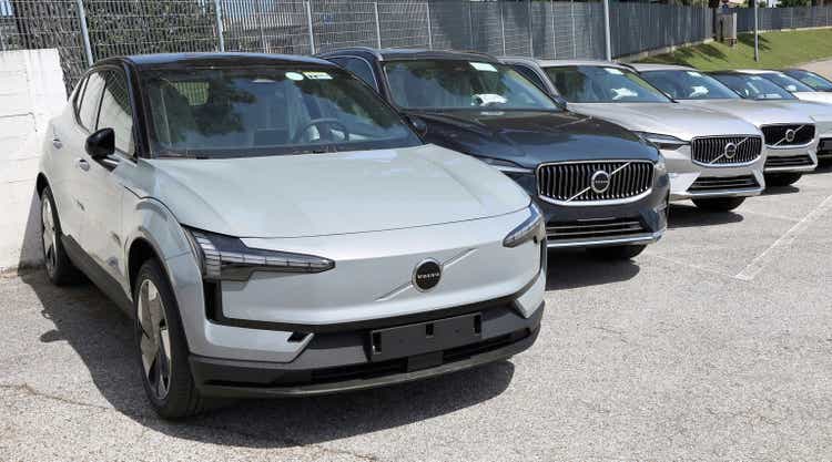 Volvo EX90, full electric SUV, outside the official dealership.