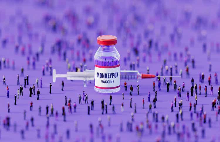 Human Crowd Surrounding An Injectable Monkey Pox Vaccine Bottle On Purple Background