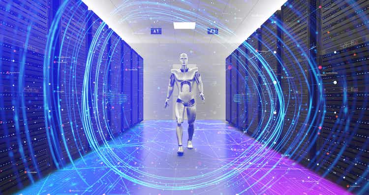 AI Controlled Advanced Futuristic Robot Walking In A Server Room.