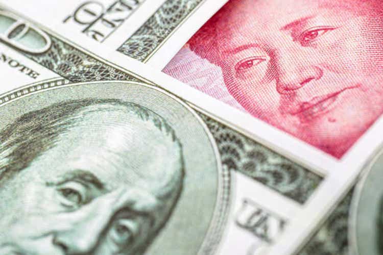Yuan Panchnote, surrounded by $ 100. The concept of protectionism in the American market, the United States of America against China, the conflict in the economy