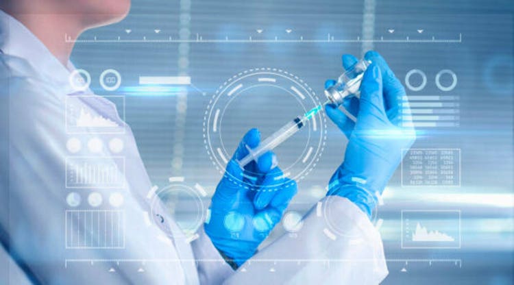 Female Doctor hand holding syringe and covid-19 vaccine in blue gloves with white coat. Disease injection concept, close-up image. Vaccine.This is futuristic, virtual reality, hologram, and technology concept.