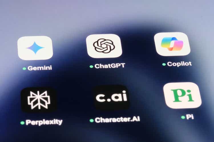 OpenAI ChatGPT, Google Gemini, Microsoft Copilot, Perplexity AI, character.ai and Inflection AI Pi. Assorted AI chatbot apps