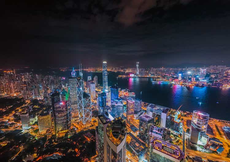 Aerial View of Hong Kong City and Victoria Harbour at night