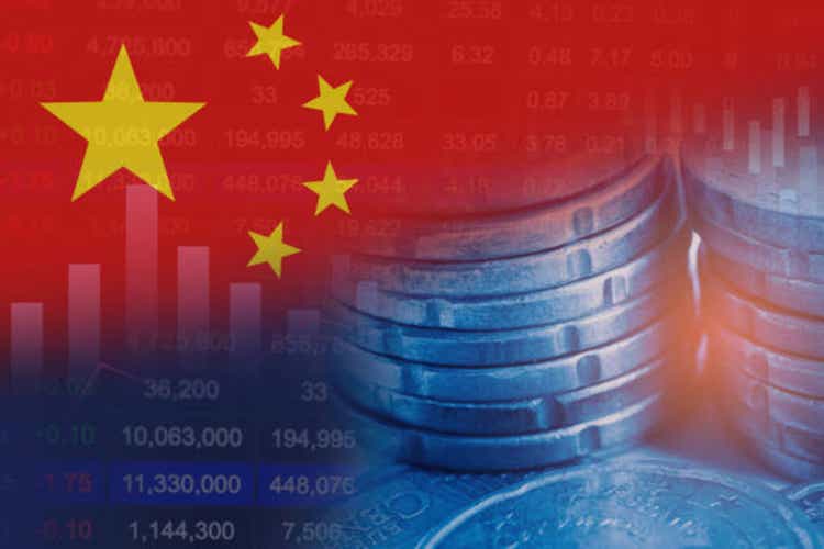 China flag on stock investment trading with coin and graph.