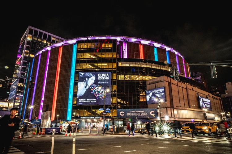Madison Square Garden, ablaze with lights and billboards