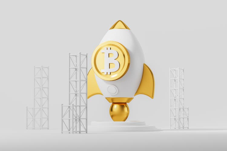 Cartoon rocket with bitcoin on grey background, cryptocurrency take off