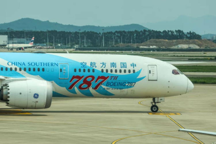 Airplane of China southern airlines taxiing at Guangzhou airport.