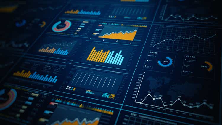 Data analytics dashboard display. Business and financial investment. HUD infographic of financial. Information reports of business strategy for investment. 3d rendering